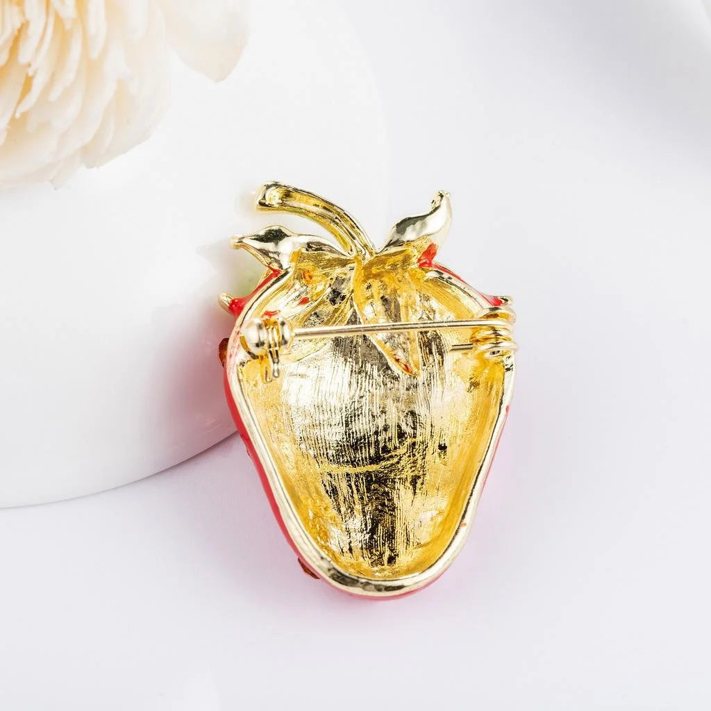Cute Strawberry Enamel Rhinestone Alloy Brooch, Luxury Fruit Lapel Pin Corsage For Suits And Gifts