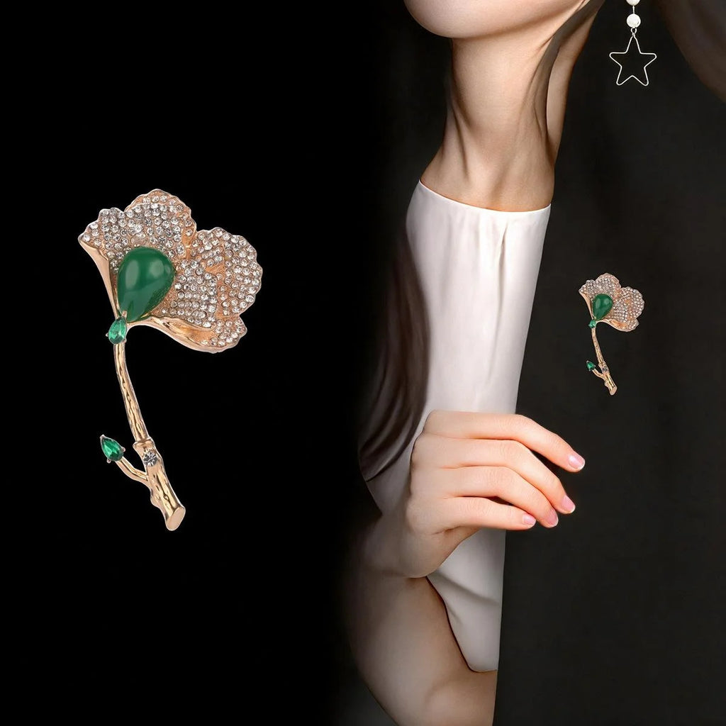 Elegant Gold Alloy Ginkgo Leaf Brooch With Rhinestones And Green Stone, Women's Lapel Pin Corsage Gift