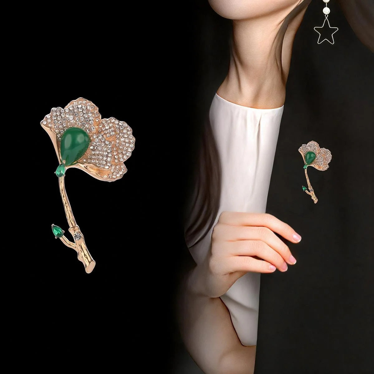 Elegant Gold Alloy Ginkgo Leaf Brooch With Rhinestones And Green Stone, Women's Lapel Pin Corsage Gift