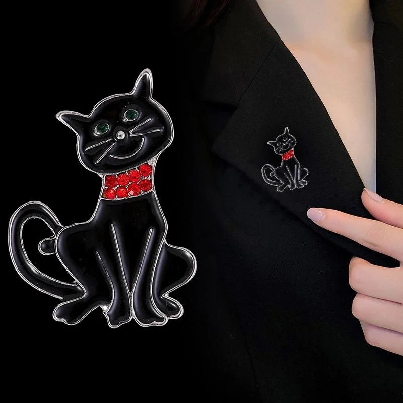 Cartoon Black Cat Enamel Alloy Brooch With Rhinestone Collar, Cute Halloween Lapel Pin Corsage Gift