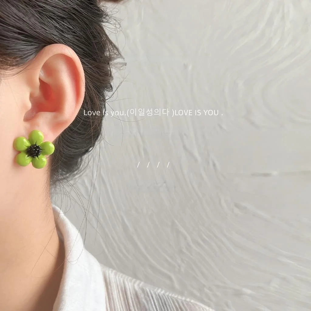 Avocado Green Flower Stud Earrings Silver Plated Metal Fresh Minimalist Summer Jewelry