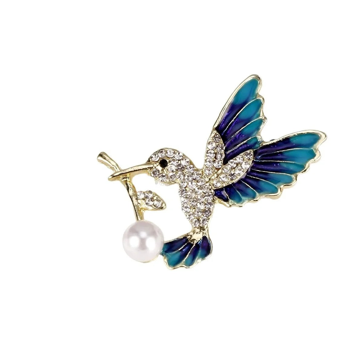 Elegant Enamel Hummingbird Brooch With Rhinestones And Pearl Charm, Luxury Lapel Pin Corsage Gift