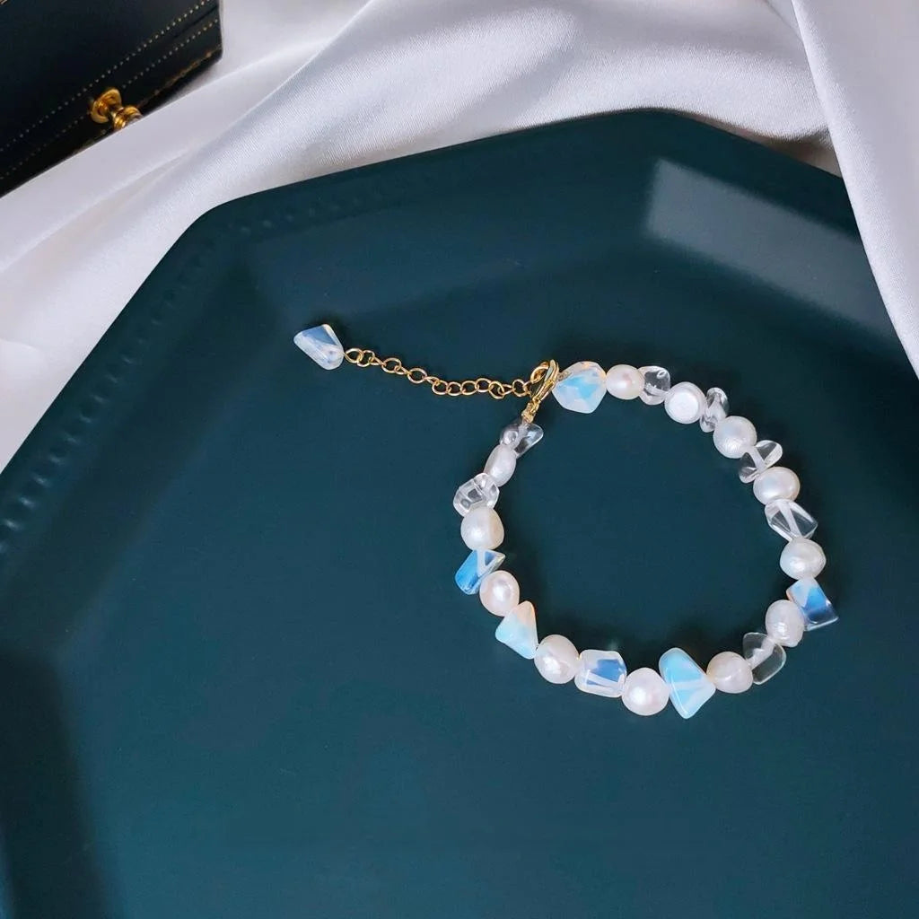 14K Gold Plated Glass Moonstone Pearl Bracelet French Vintage Geometric Circle Jewelry