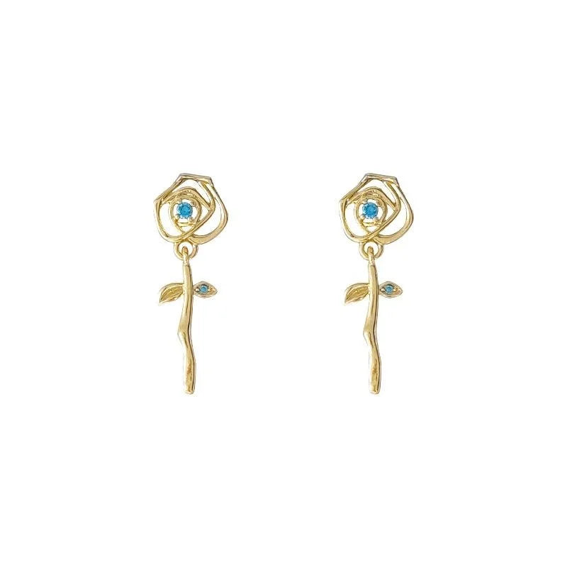 Vintage French Court Hollow Rose Flower Copper Stud Earrings For Women
