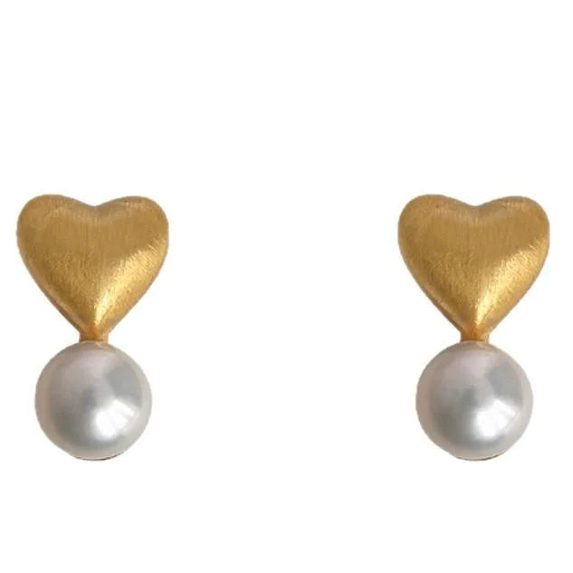 14K Plated Copper Freshwater Pearl Heart Stud Earrings Brushed Matte Light Luxury Jewelry