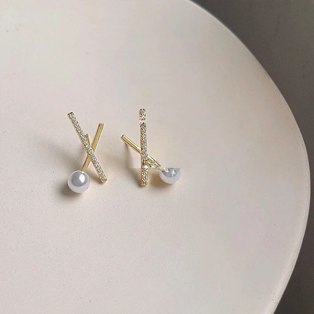 14K Gold Plated Copper Cross Stud Earrings With Micro Pave Zircon Minimalist Geometric Line Jewelry
