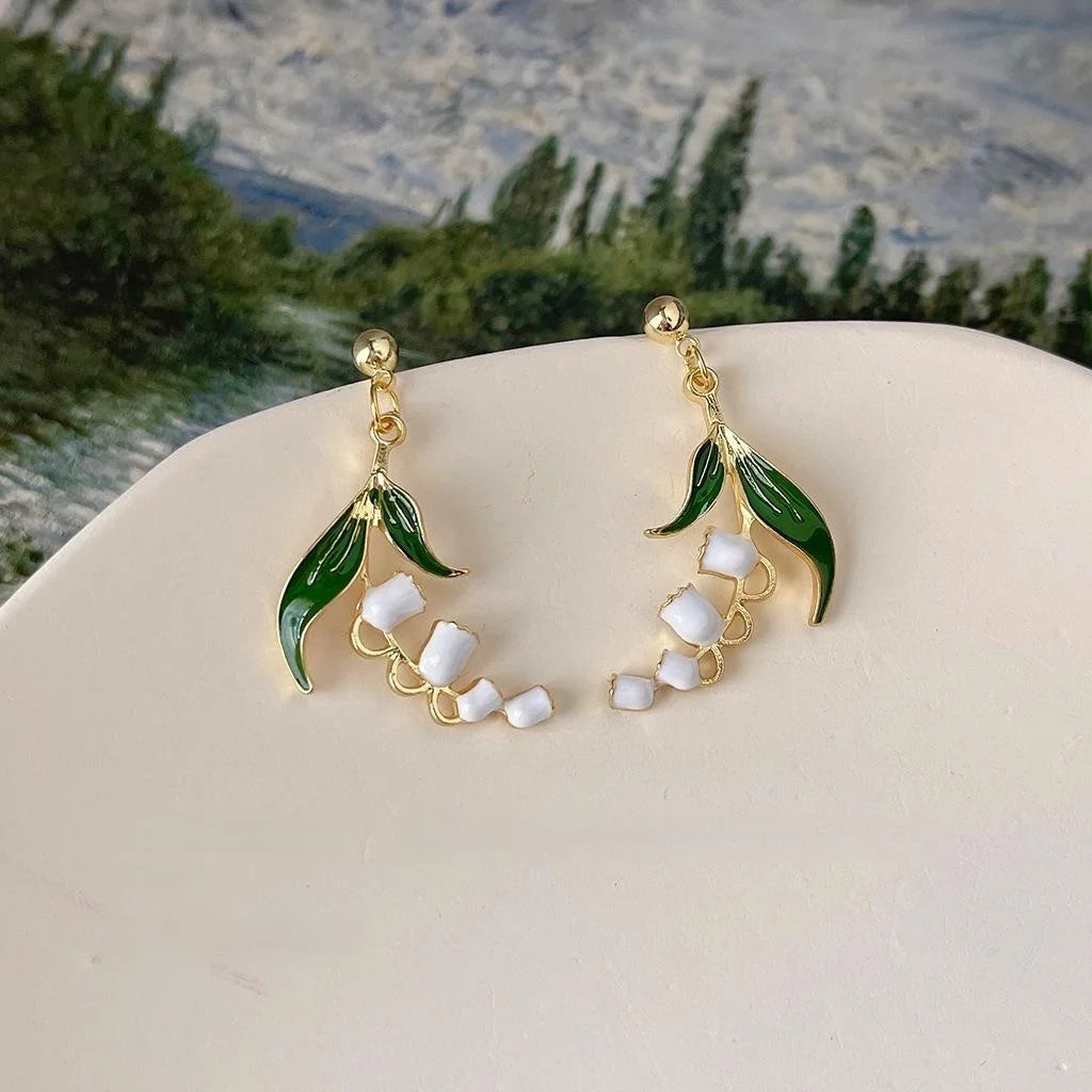 Handmade Copper Drip Glaze Lily Of The Valley Flower Long Stud Earrings Forest Style Jewelry