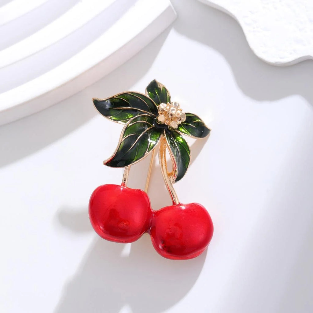 Cute Red Cherry Fruit Enamel Rhinestone Brooch, Elegant Alloy Lapel Pin Corsage Suit Accessory Gift