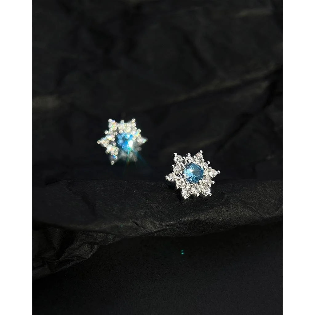 Light Luxury Blue Zircon Snowflake Star Stud Earrings Silver Plated Christmas Jewelry