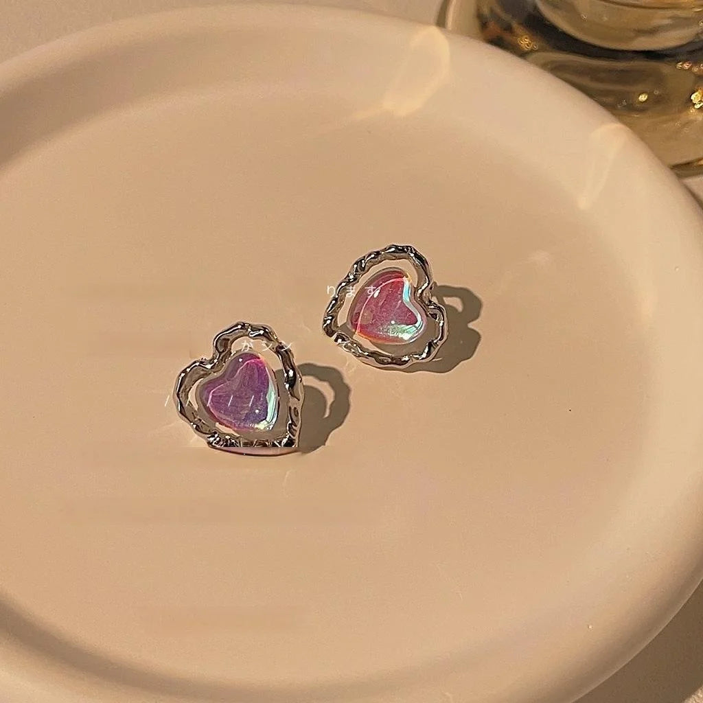 Sweet Cool Iridescent Pink Heart Stud Earrings Eco Copper White Moonlight Design