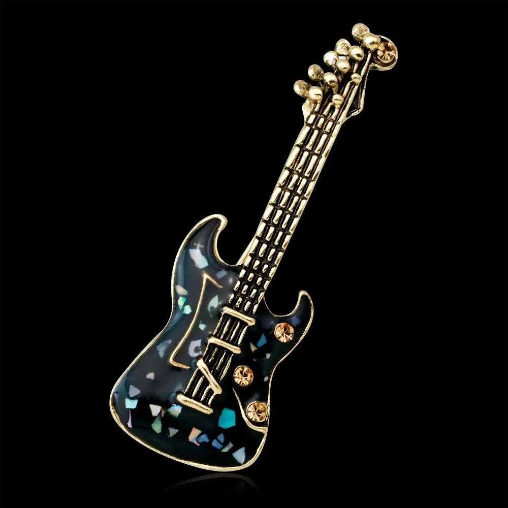 Vintage Guitar Brooch With Mother Of Pearl Shell And Rhinestone, Unisex Instrument Lapel Pin Suit Accessory