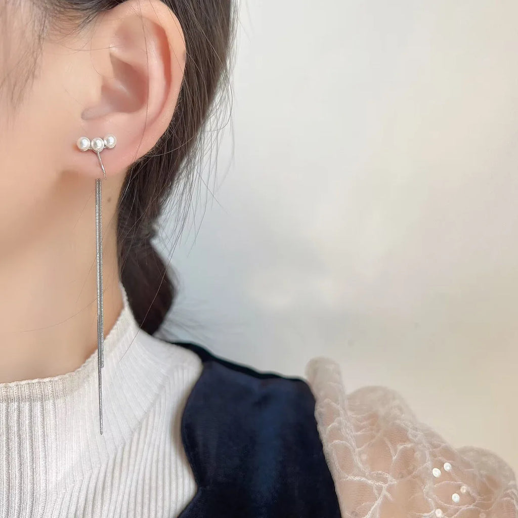 Elegant Pearl Spiral Disc Long Chain Tassel Alloy Stud & Clip On No Piercing Drop Earrings