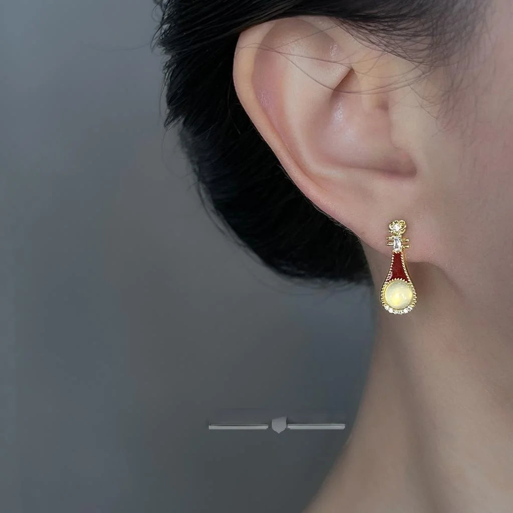 Chinese Style Pipa Agate Drop Earrings With Burgundy Enamel And Micro Pave Zircon