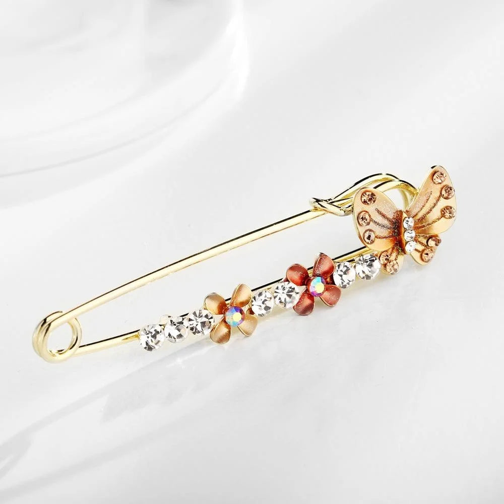 Elegant Alloy Safety Pin Brooch With Enamel Butterfly Flowers And Rhinestones, Shawl Scarf Lapel Pin Gift