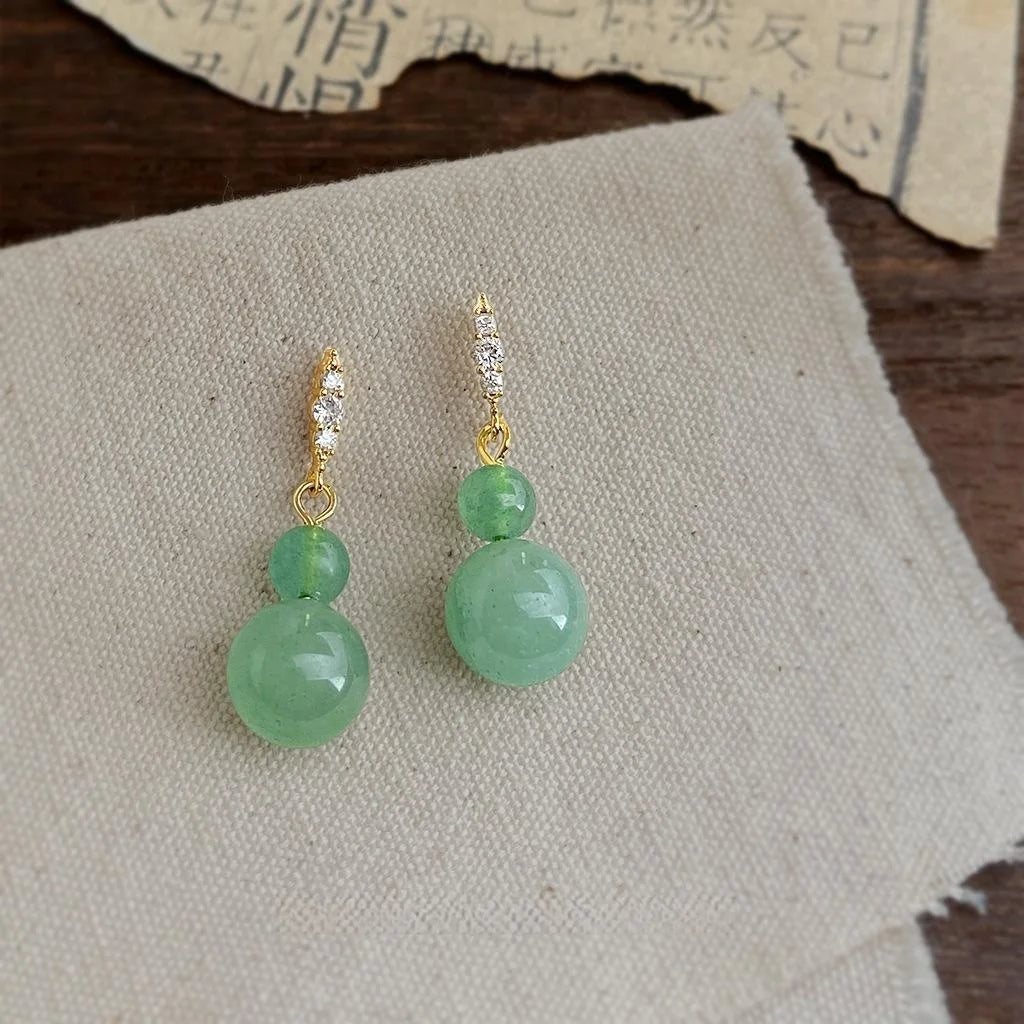 New Chinese Vintage Palace Style Gourd Aventurine Zircon Copper Drop Earrings