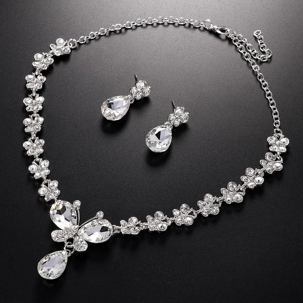 Bridal Rhinestone Butterfly Flower Necklace And Earrings Jewelry Set, Crystal Alloy Wedding Party Jewelry