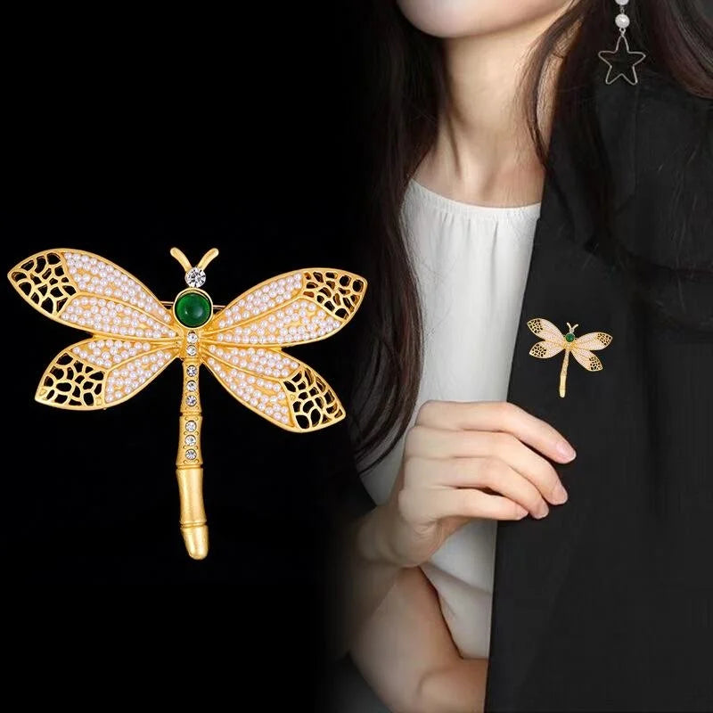 Luxury Dragonfly Brooch With Faux Pearl Wings And Rhinestone Body, Elegant Lapel Pin Corsage Suit Accessory