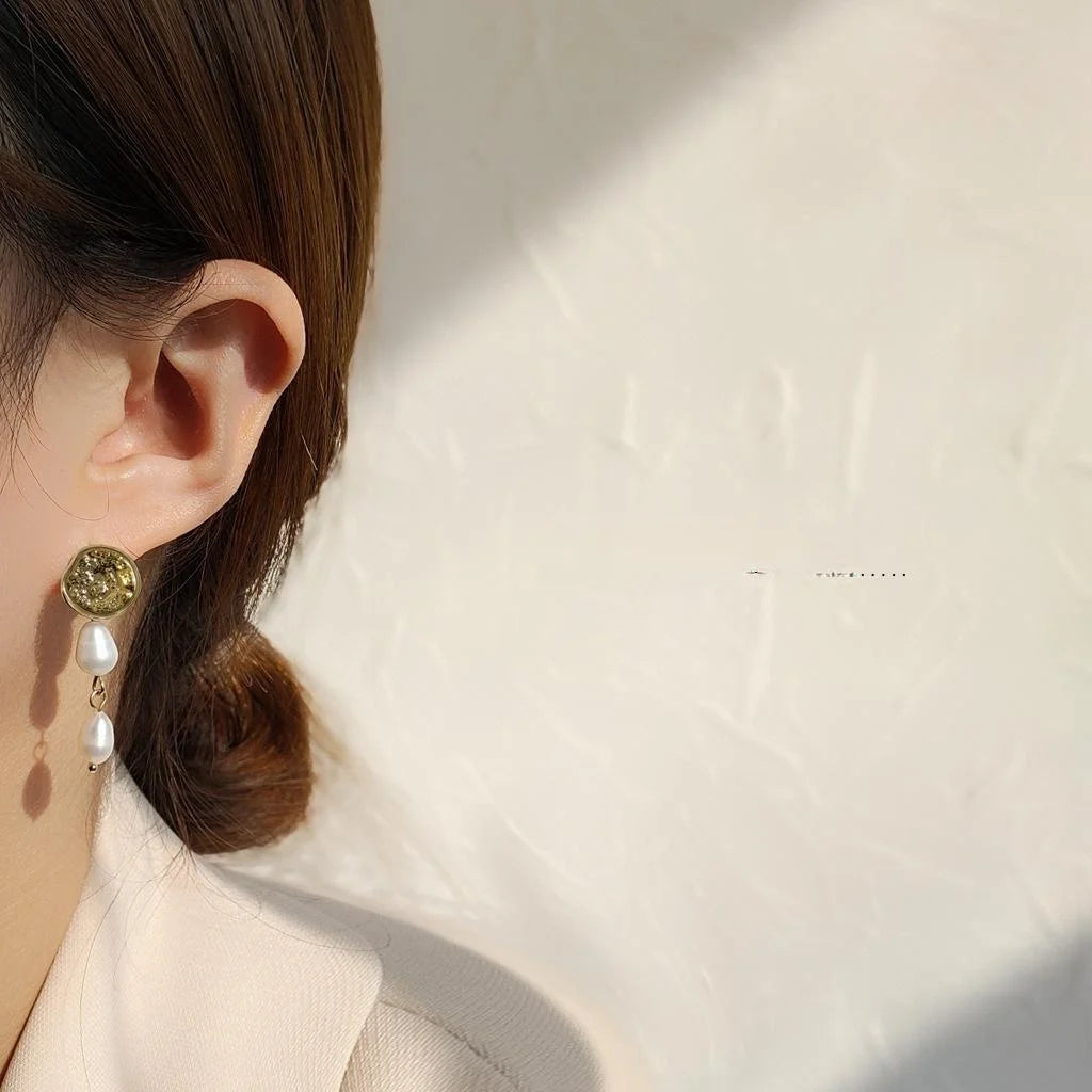 French Vintage Handmade Freshwater Pearl Beaded Tassel Stud Earrings With Hammered Metal Geometric Design