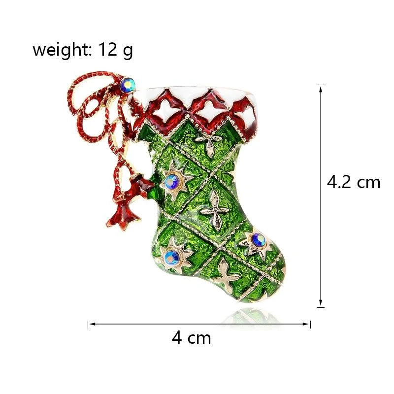 Cute Christmas Stocking Boot Brooch With Green Enamel And Rhinestones, Festive Lapel Pin Gift
