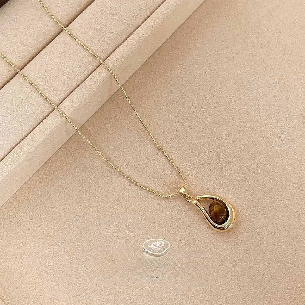 18K Gold Plated Tiger Eye Geometric Round Oval Pendant Necklace Vintage Clavicle Chain