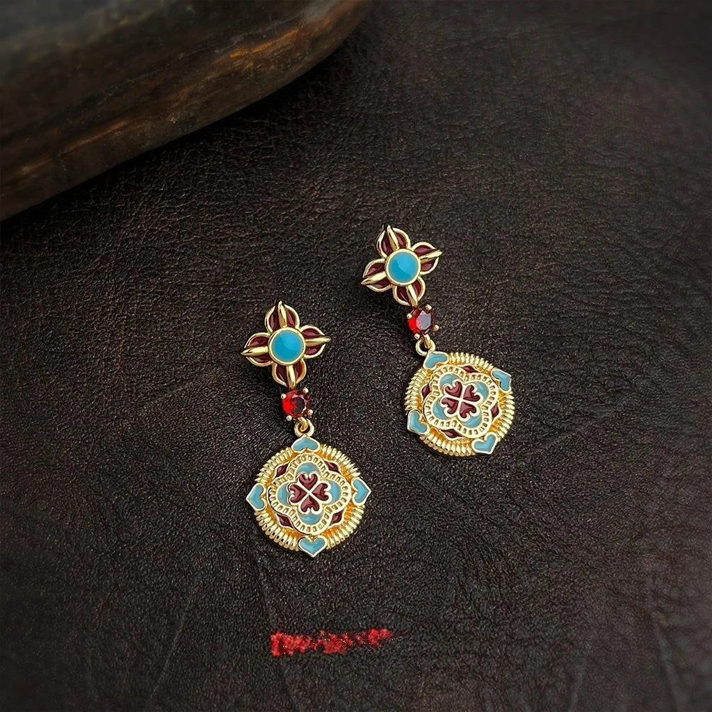 Original Ethnic Style Copper Enamel Glaze Zircon Auspicious Floral Geometric Drop Earrings