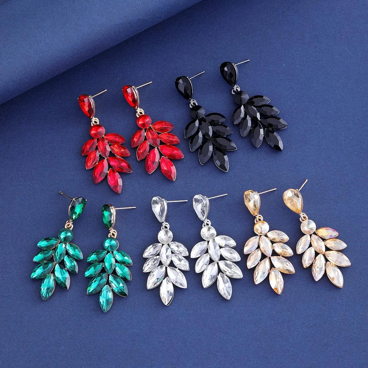 Luxury Green Crystal Leaf Tassel Drop Earrings, Gold Tone Alloy Rhinestone Bridal Jewelry For Wedding Party