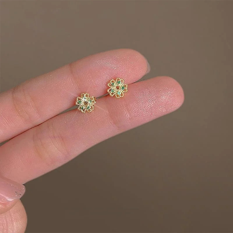 Mini Micro Pave Zircon Five Petal Flower Copper Stud Earrings With 14K Plated