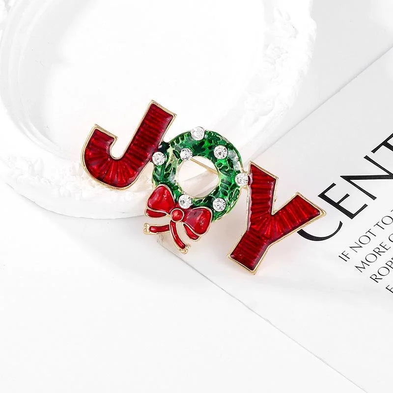 Elegant Christmas JOY Letter Enamel Rhinestone Alloy Bow Wreath Brooch Lapel Pin For Suit Accessory Gift