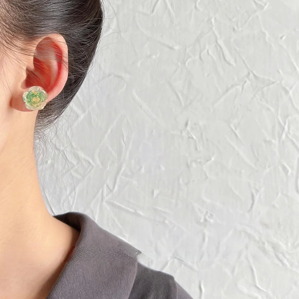 Lolita Style Green Flower Resin Stud Earrings With Silver Plated Pins