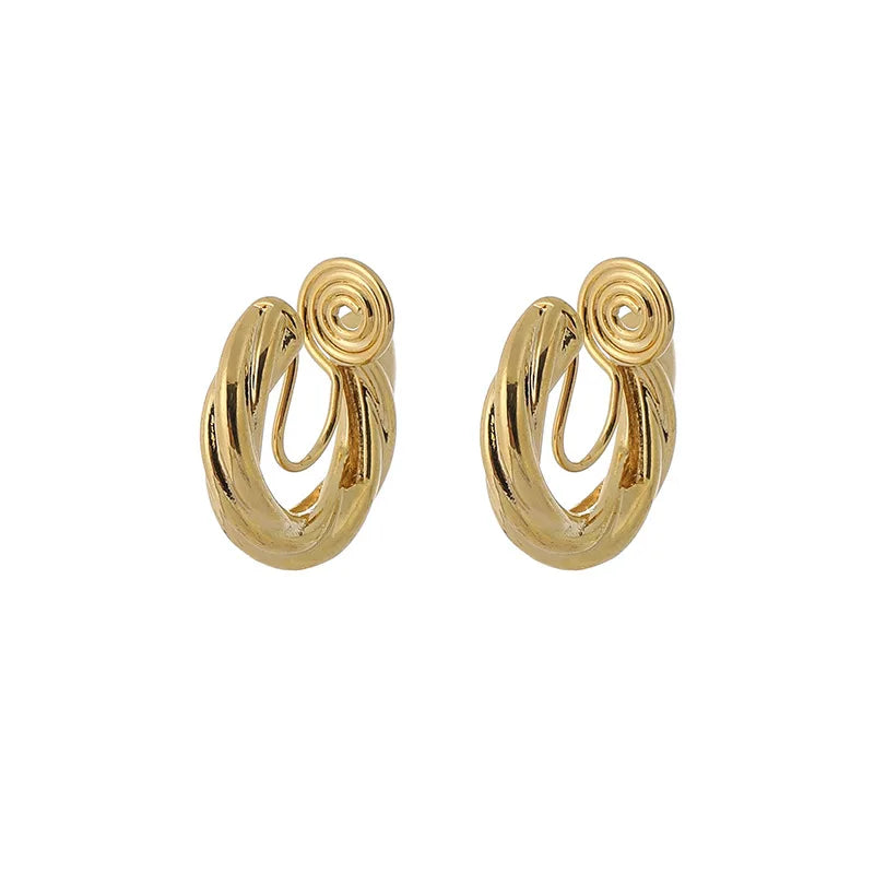Luxury Elegant Gold Alloy Twisted Round Hoop Stud & Clip On No Piercing Chunky Metal Earrings