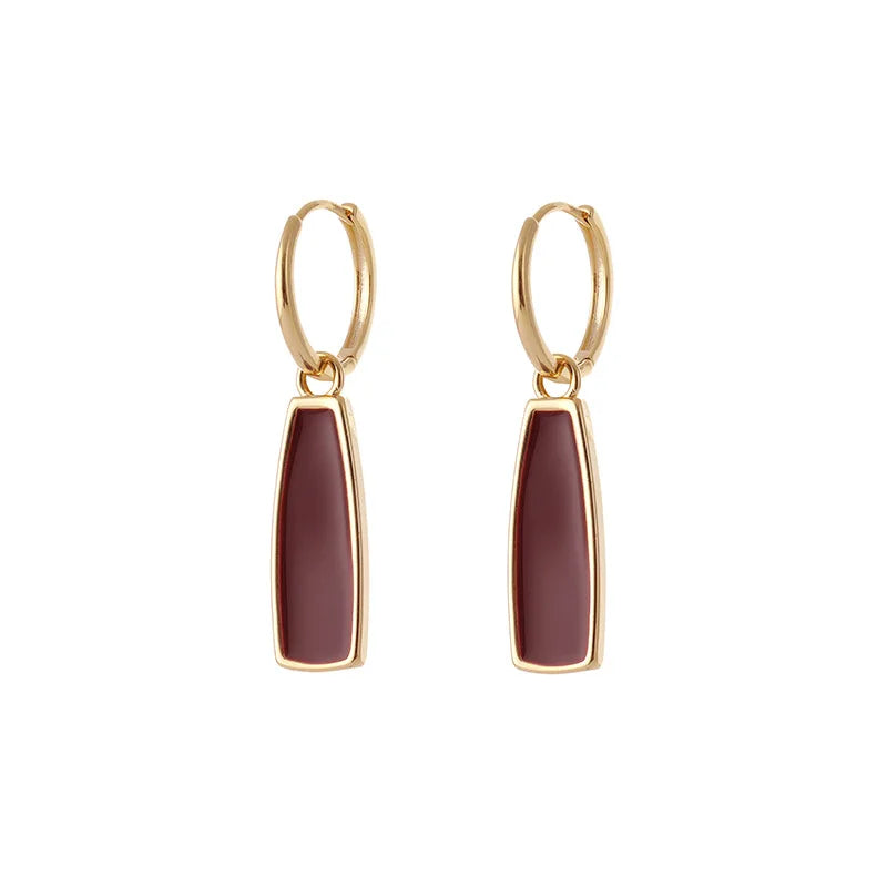 Elegant Red Enamel Geometric Bar Dangle Hoop Stud & Clip On No Piercing Gold Alloy Earrings