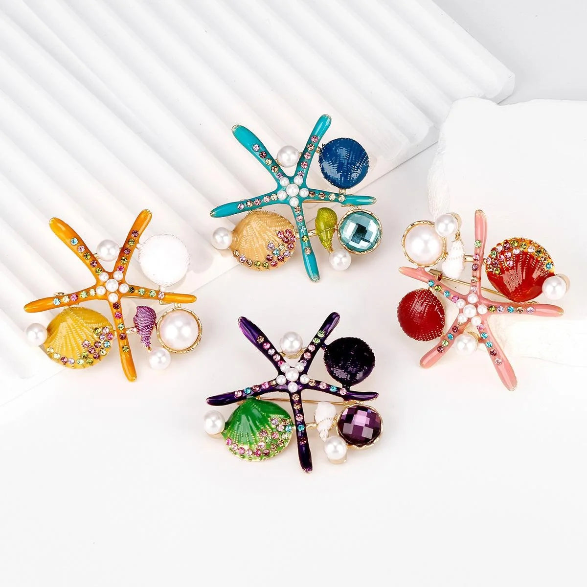 Elegant Enamel Starfish And Seashell Brooch With Rhinestones And Faux Pearls, Ocean Lapel Pin Gift