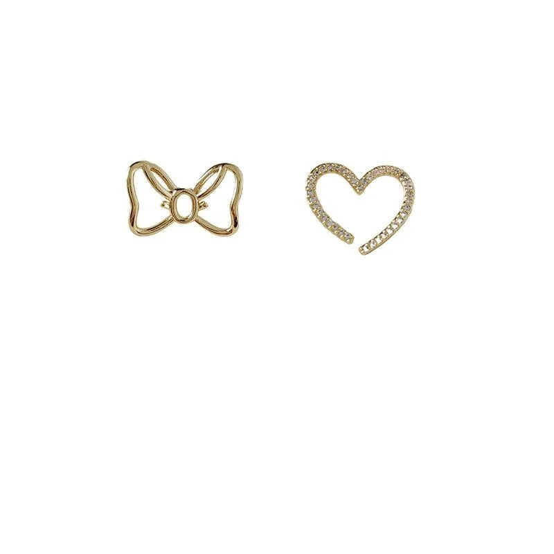 Sweet Copper Asymmetric Bow Heart Stud Earrings With Hollow Micro Pave Zircon