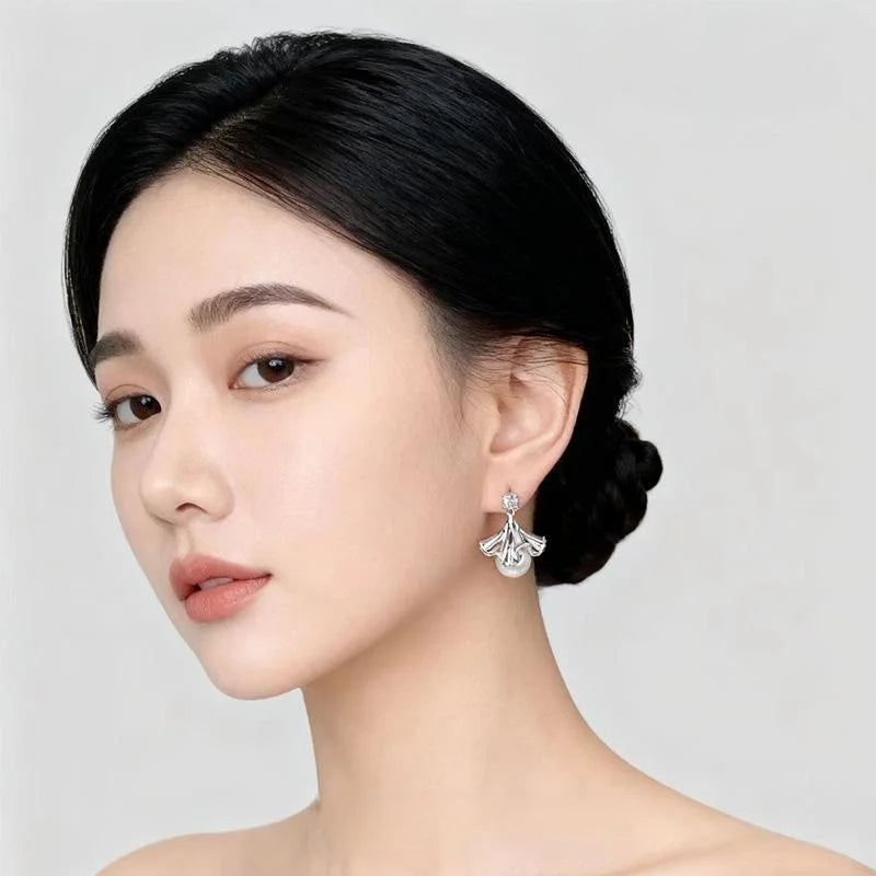Copper French Chic Floral Petal Skirt Hem Drop Earrings With Zircon Glass Pearl