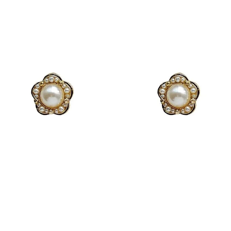 14K Plated Copper Pearl Flower Stud Earrings Minimalist High-End Commuter Jewelry
