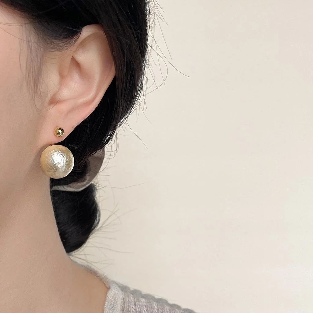 Two-Way Cotton Pearl Drop Earrings, Round Geometric Light Luxury Commuter Ear Jewelry