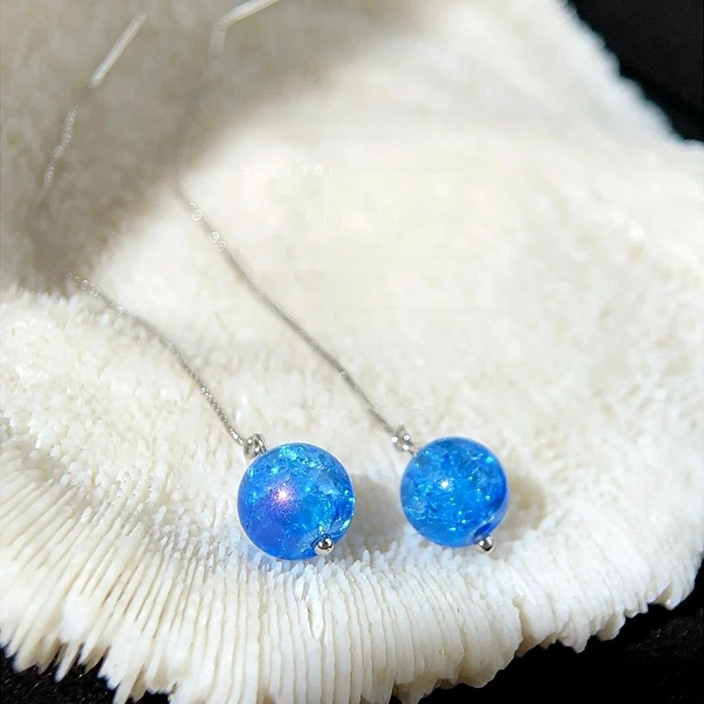 Blue Planet Glass Crushed Ice Long Tassel Ear Thread Drop Earrings Geometric Fresh Style