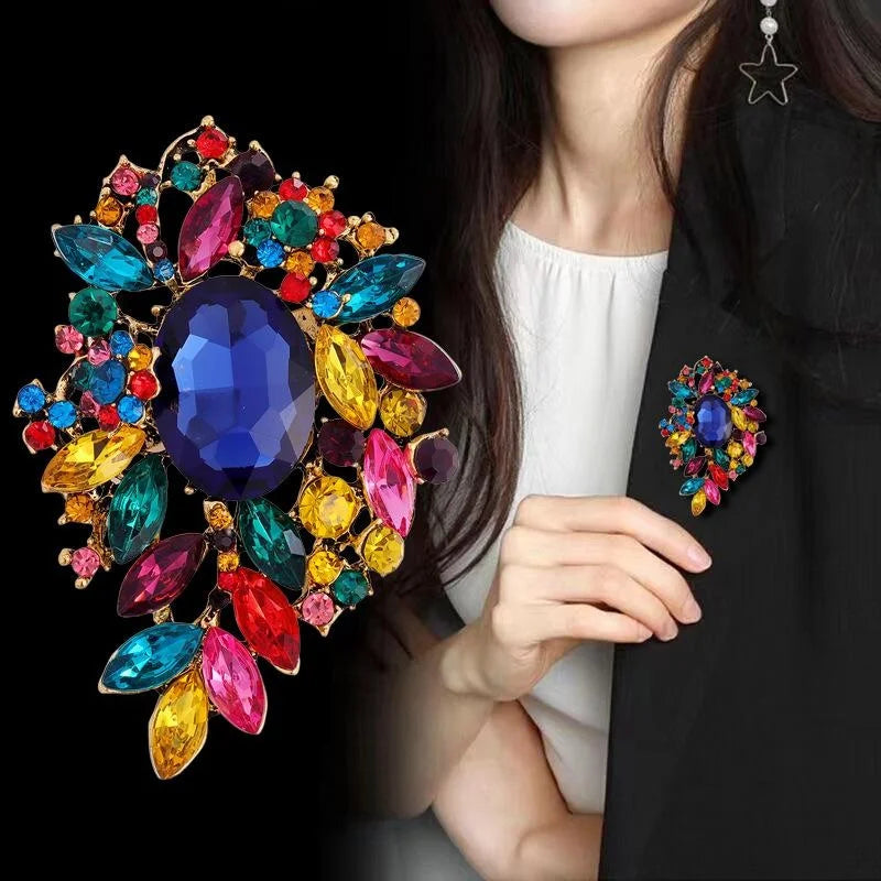 Luxury Crystal Glass Rhinestone Floral Leaf Brooch, Elegant Silver Alloy Lapel Pin Corsage Suit Accessory