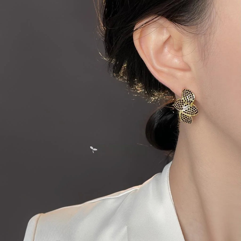 14K Gold Plated Copper Leaf Stud Earrings, Micro Pave Zircon Light Luxury Jewelry