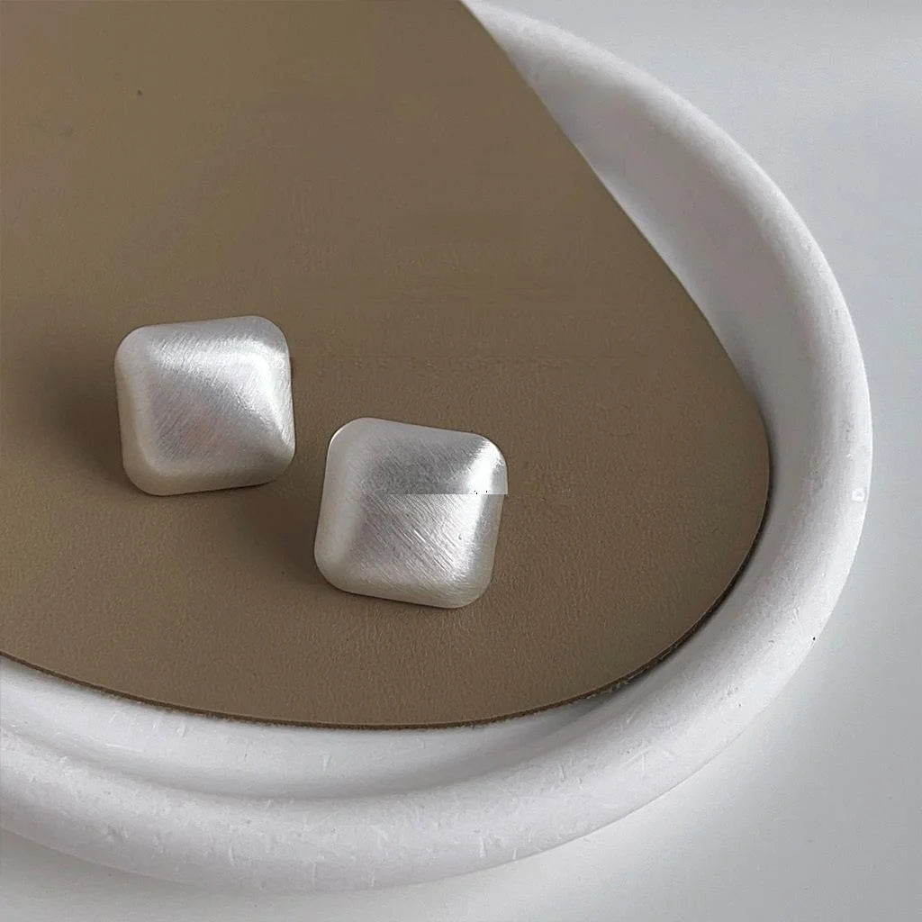 Brushed Silver Tone Geometric Square Stud Earrings Minimalist Premium Metal Ear Jewelry