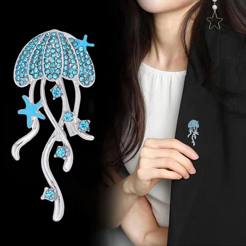 Luxury Jellyfish Starfish Rhinestone Enamel Brooch, Gold Tone Women's Lapel Pin Corsage Suit Accessory Gift
