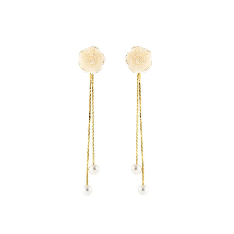 Elegant Rose Flower Pearl Tassel Alloy Chain Stud & Clip On No Piercing Long Drop Earrings