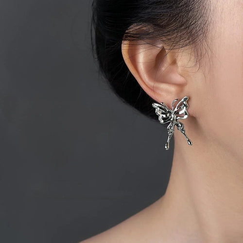 Sweet Cool Silver Tone Copper Liquid Butterfly Hollow Wing Drop Earrings For Women