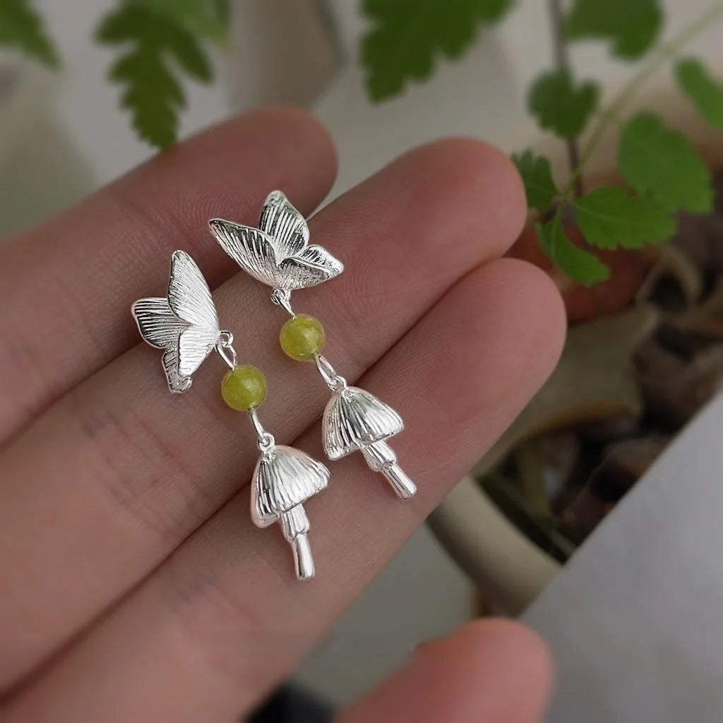Forest Style Natural Stone Butterfly Mushroom Drop Earrings, Silver Plated Copper