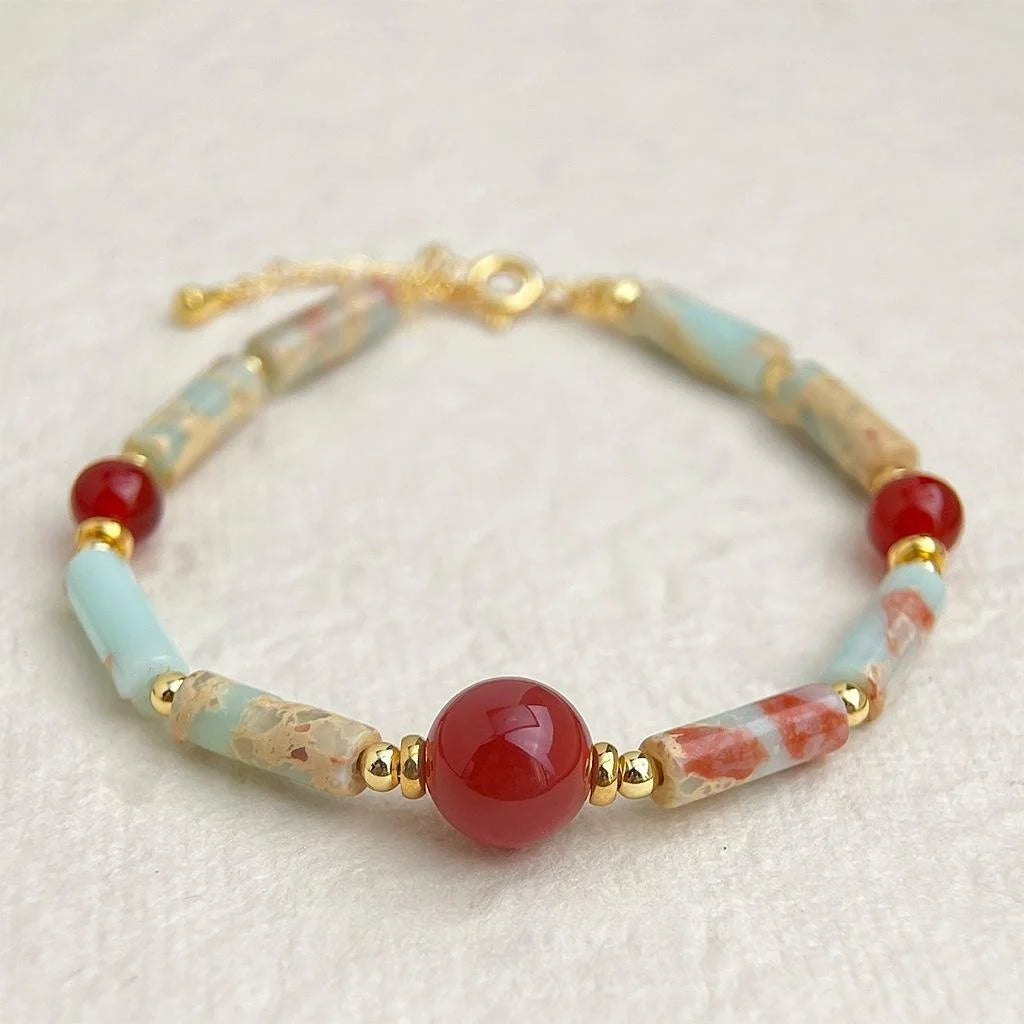 New Chinese Style Natural Stone Red Agate Shoushan Stone Handmade Geometric Bracelet