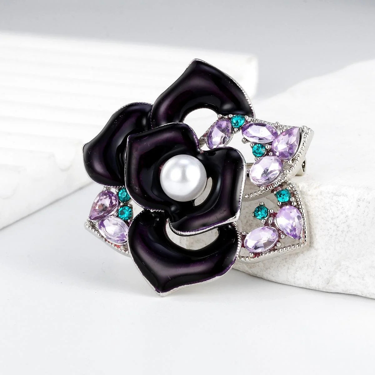 Elegant Purple Enamel Camellia Flower Brooch With Faux Pearl And Rhinestone, Women's Lapel Pin Gift