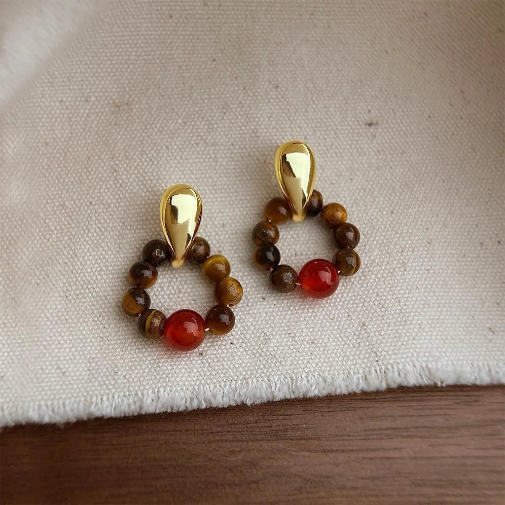 Ethnic Vintage Natural Tiger Eye Red Agate Geometric Round Copper Drop Earrings