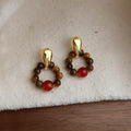 Ethnic Vintage Natural Tiger Eye Red Agate Geometric Round Copper Drop Earrings