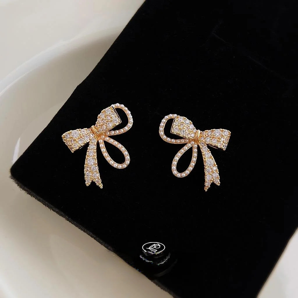 14K Electroplated Copper Bow Stud Earrings With Zircon Micro Pave Light Luxury