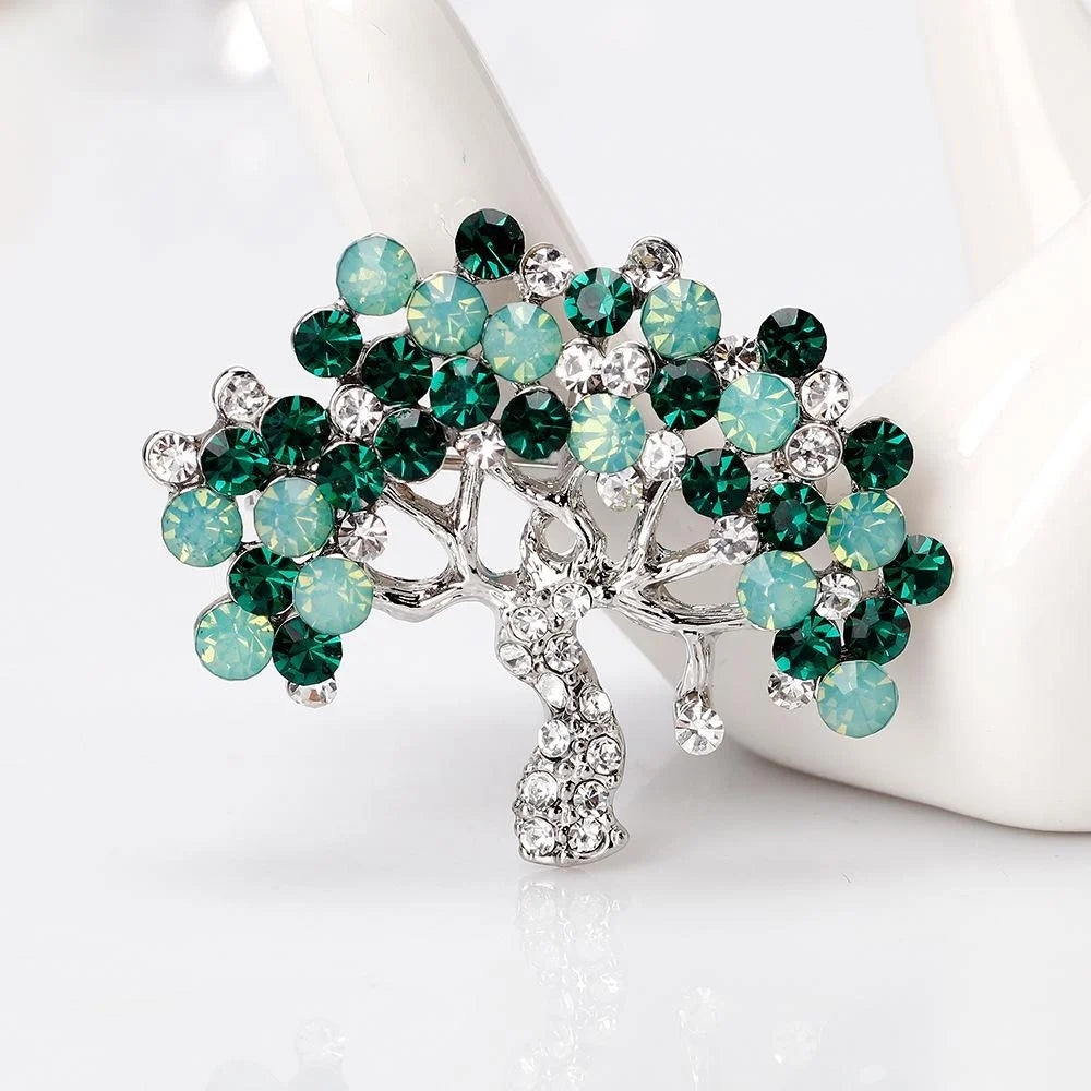 Elegant Alloy Crystal Rhinestone Tree Brooch With Green Cat Eye Stones, Women's Lapel Pin Suit Accessory